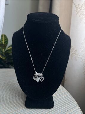 Plain Silver, white and pavé heart  multi Charm Pendant Necklace